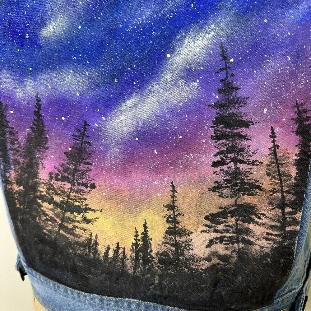 Vintage Hand Painted Denim Vest Womens Size M Forest‎ Stars Generra Art To Wear